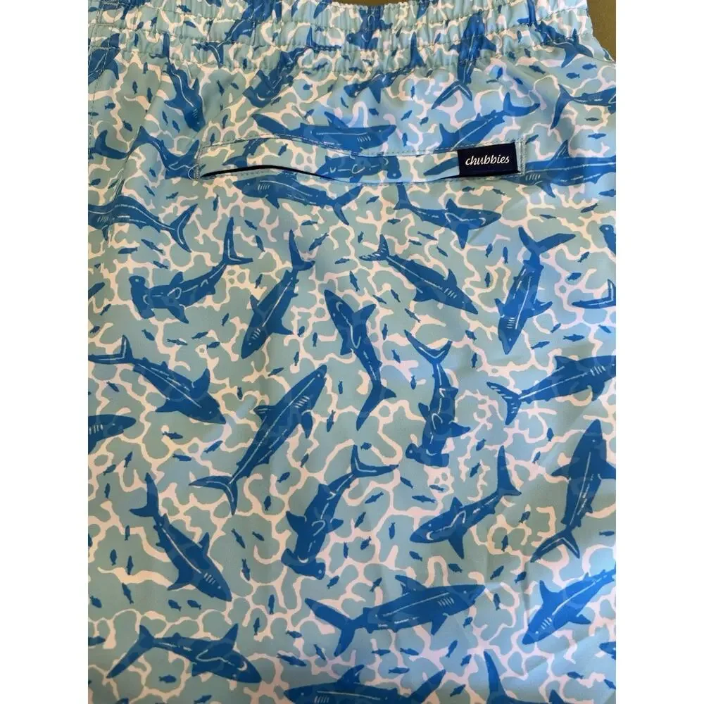 Chubbies The Shark Sides Swim Trunks Blue Shark Print NWT Men’s XXL